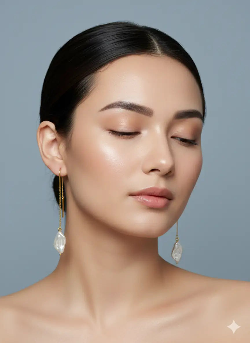 Minimal Gold Threader Earrings for Women | Asymmetric Pearl Drop Chain Earrings