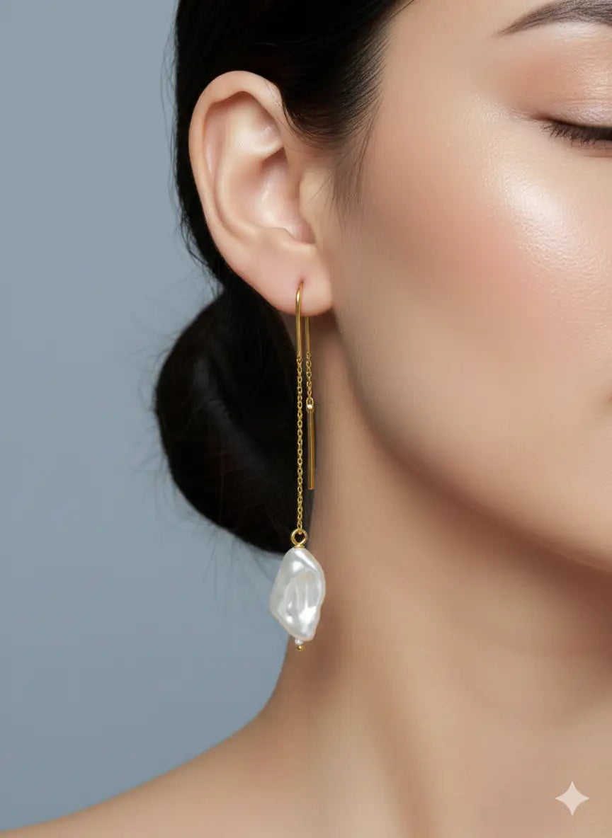 Minimal Gold Threader Earrings for Women | Asymmetric Pearl Drop Chain Earrings