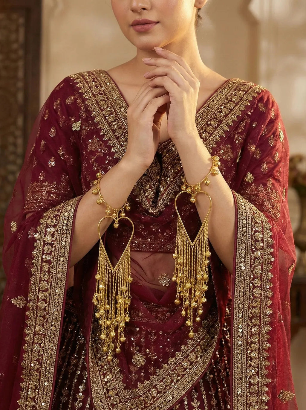 Bridal Heart-Shaped Golden Kaleere for Weddings – Long Dangling Kalire with Ghungroo Chains