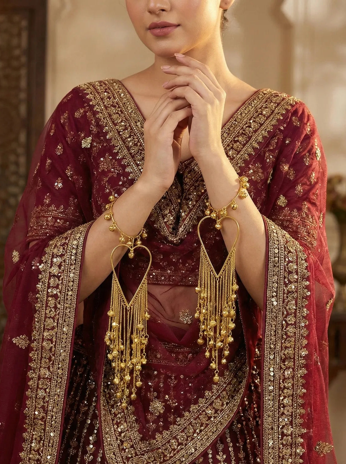 Bridal Heart-Shaped Golden Kaleere for Weddings – Long Dangling Kalire with Ghungroo Chains