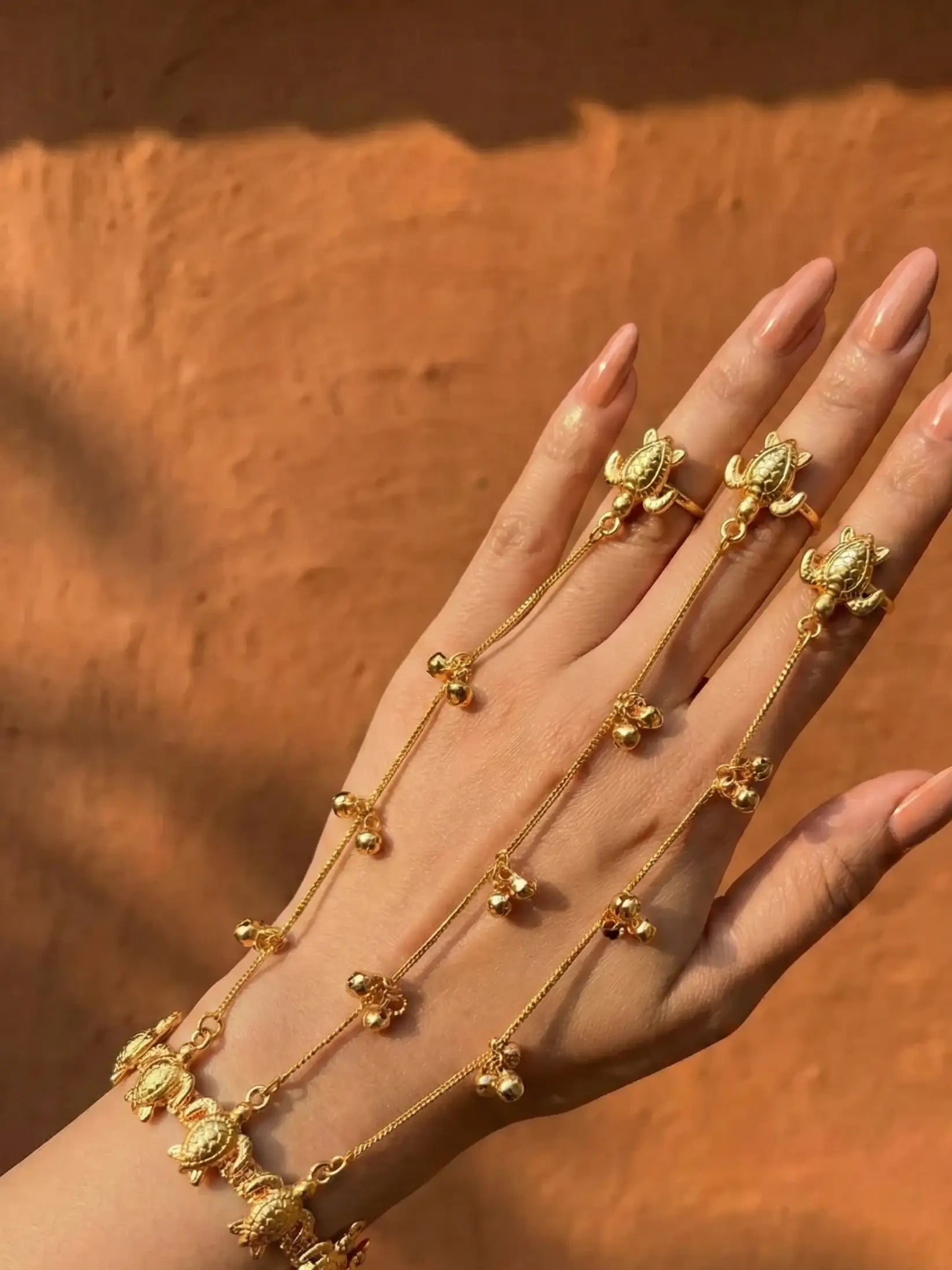 Gold Turtle Motif Hathphool Hand Harness for Women | Traditional Ring Bracelet Hand Chain | Bridal & Festive Hand Jewelry
