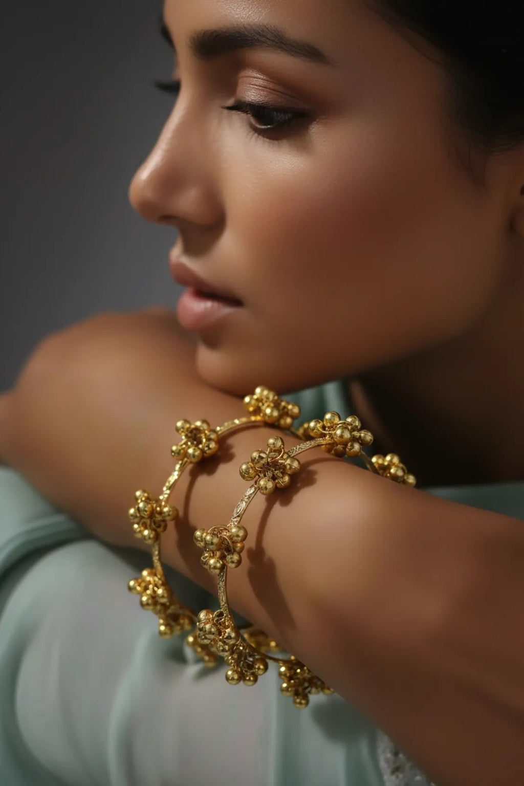 COMBO OF 4 Kashmiri Gold-Plated Traditional Ghungroo Bangles for Women – Ethnic Brass Kada Jewelry with Hanging Beads