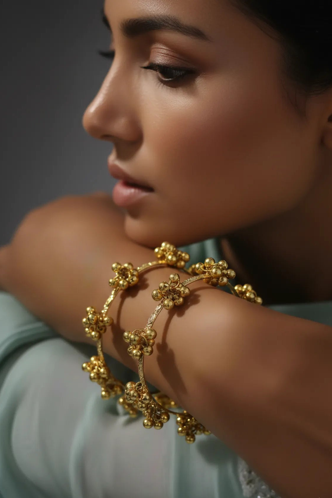 COMBO OF 6 Kashmiri Gold-Plated Traditional Ghungroo Bangles for Women – Ethnic Brass Kada Jewelry with Hanging Beads