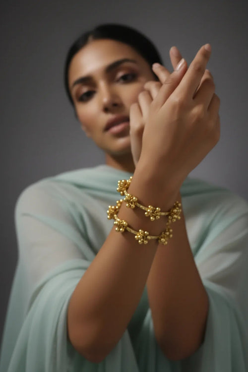 COMBO OF 6 Kashmiri Gold-Plated Traditional Ghungroo Bangles for Women – Ethnic Brass Kada Jewelry with Hanging Beads