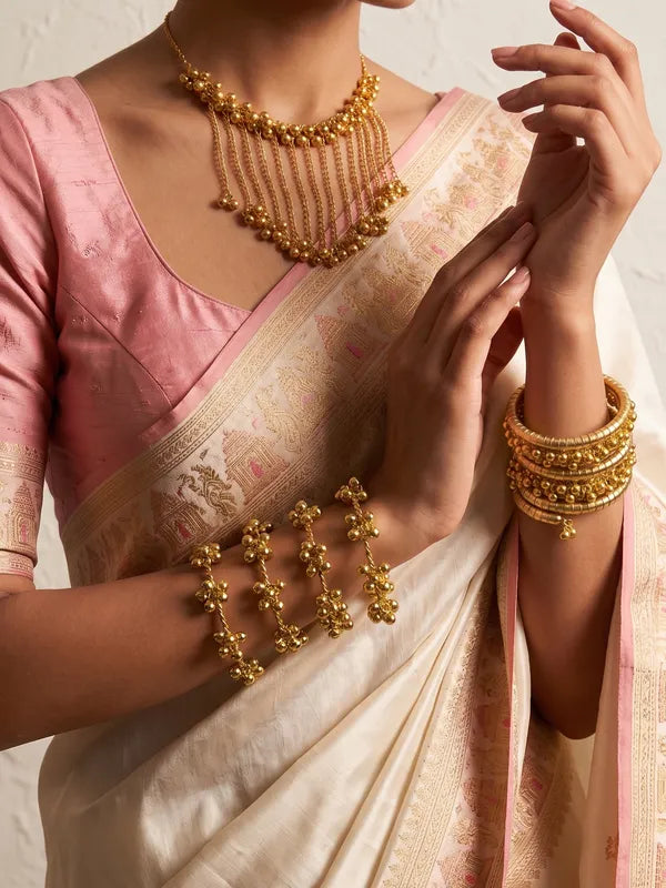 Celebration Luxe Gold Ghungroo Jewelry Set | 4 Bangles, Spiral Bracelet & Statement Necklace | 18K Gold-Plated Festive Wear