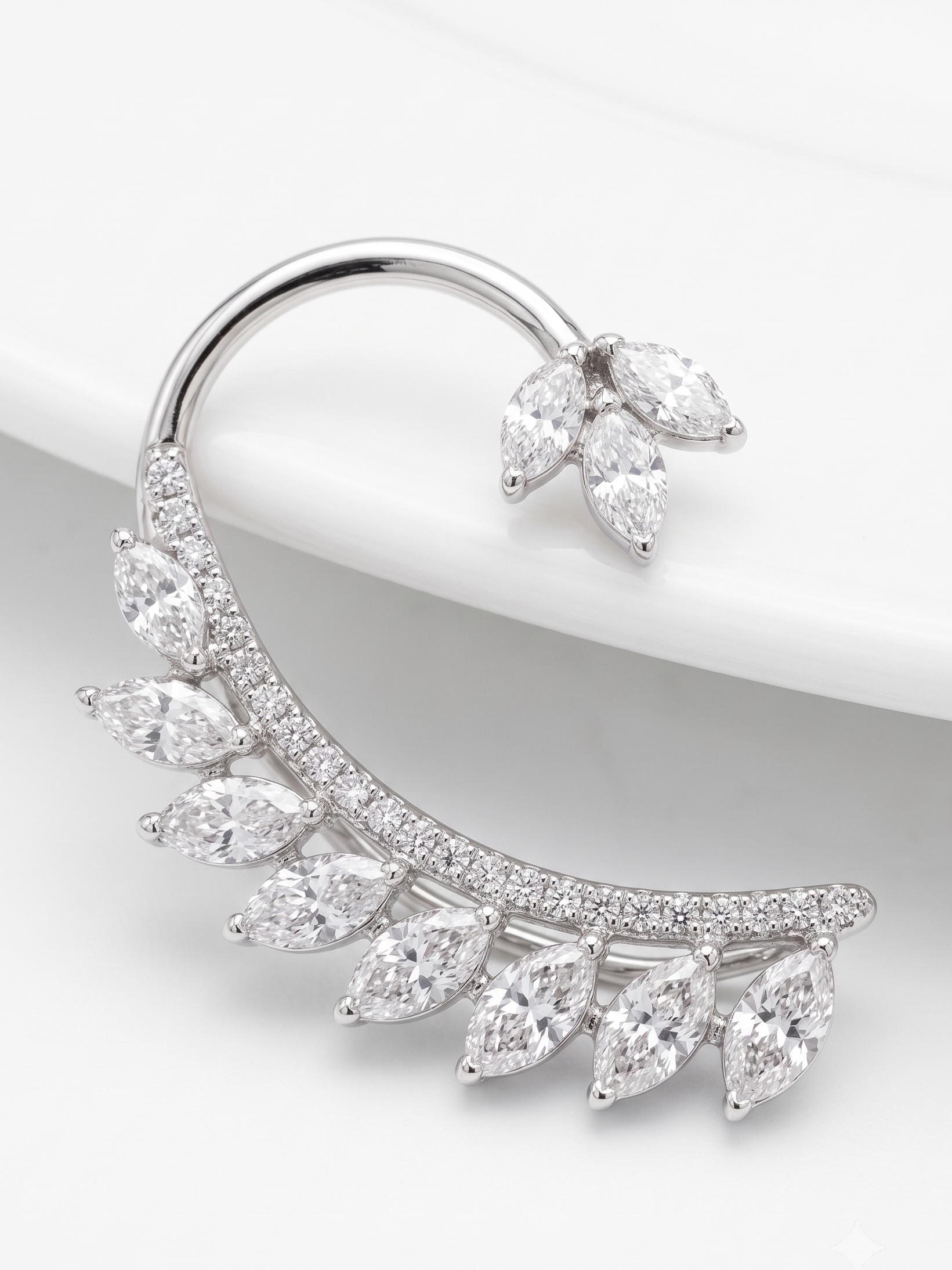 Celestial Leaf CZ Ear Cuff for Women | Silver-Tone Marquise Cut Cubic Zirconia Ear Crawler | Statement Ear Jewellery