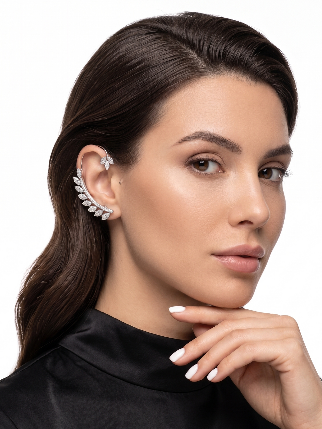 Celestial Leaf CZ Ear Cuff for Women | Silver-Tone Marquise Cut Cubic Zirconia Ear Crawler | Statement Ear Jewellery