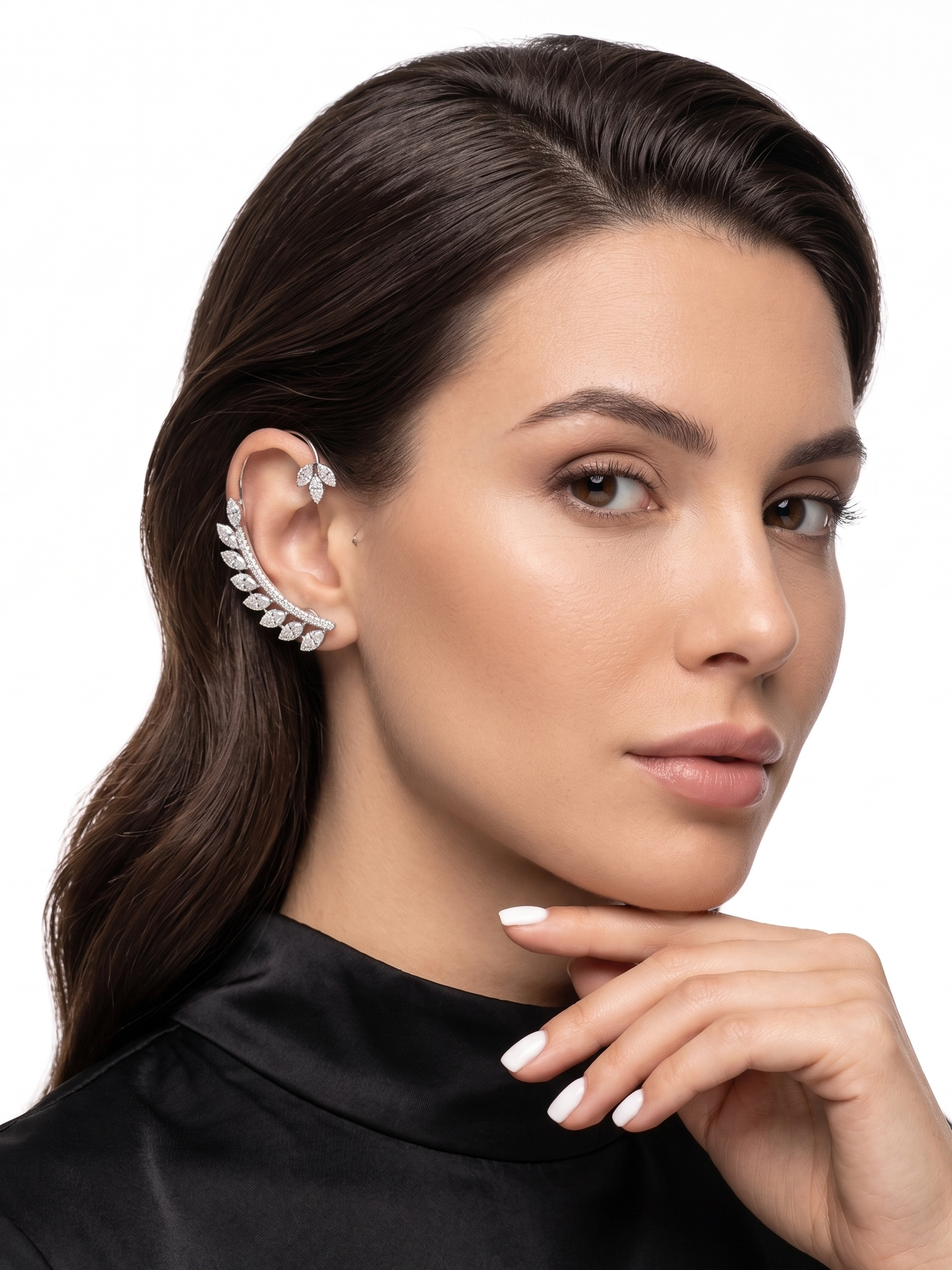 Celestial Leaf CZ Ear Cuff for Women | Silver-Tone Marquise Cut Cubic Zirconia Ear Crawler | Statement Ear Jewellery