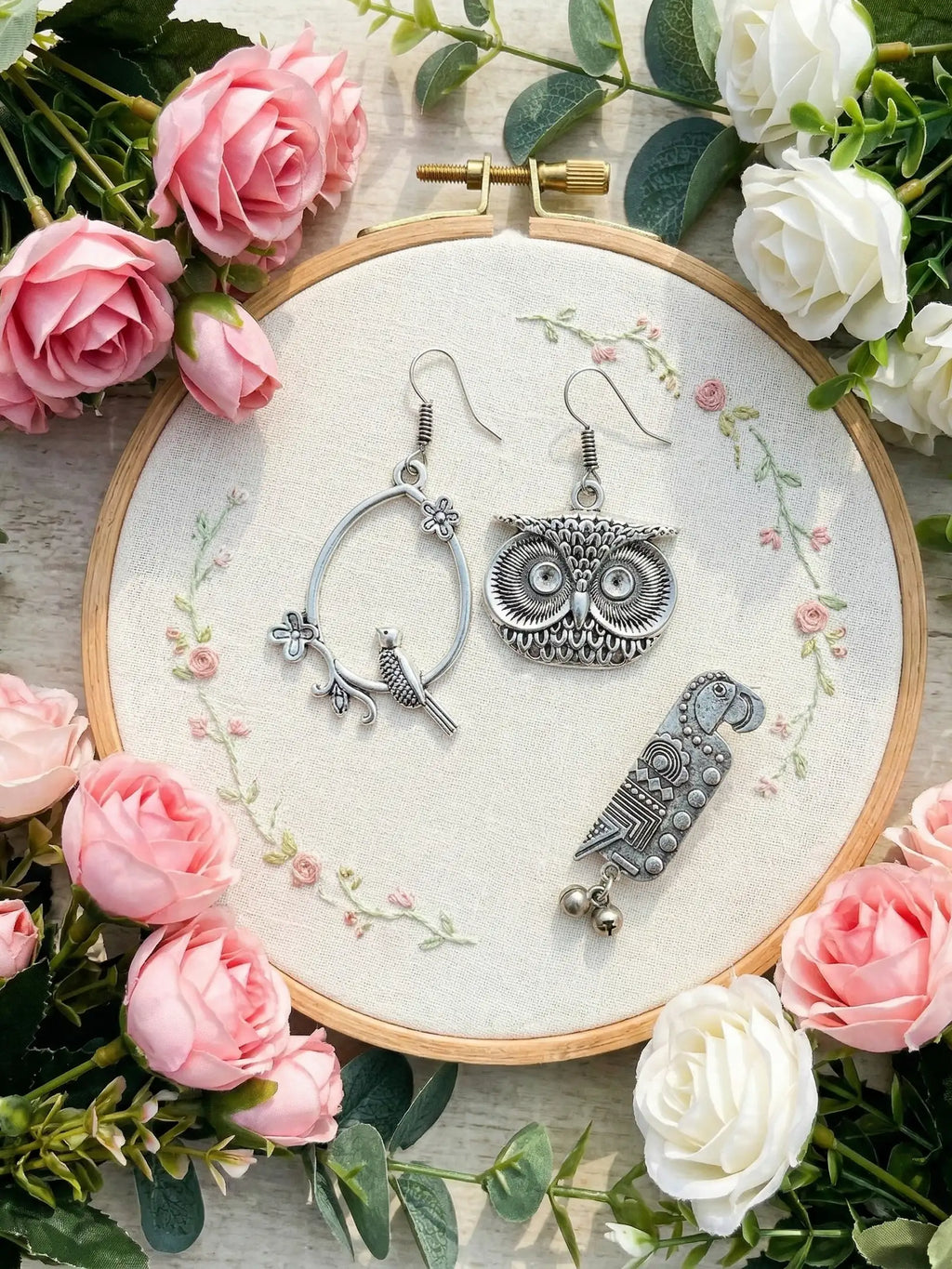Combo - oxidized Silver Animal & Bird Earring Combo Set for Women | Owl, Parrot & Bird Hoop Drop Earrings | Boho Tribal Statement Jewelry (Set of 3)
