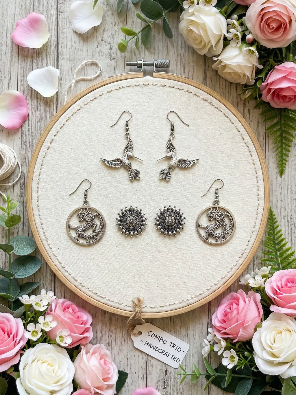 Combo - oxidized Silver Bird & Dragon Earring Combo Set for Women | Hummingbird Dangles, Dragon Round Drops & Floral Stud Earrings | Boho Tribal Jewelry (Set of 3)