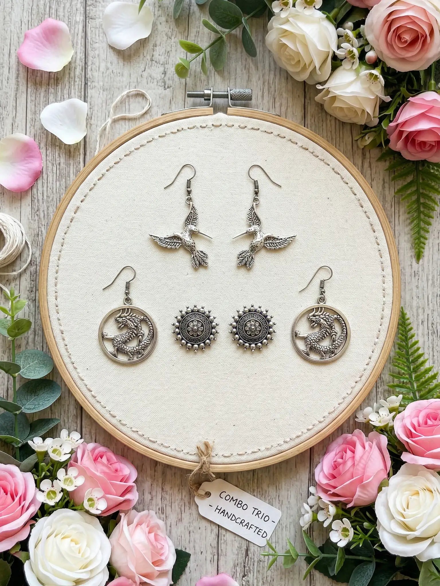 Combo - oxidized Silver Bird & Dragon Earring Combo Set for Women | Hummingbird Dangles, Dragon Round Drops & Floral Stud Earrings | Boho Tribal Jewelry (Set of 3)