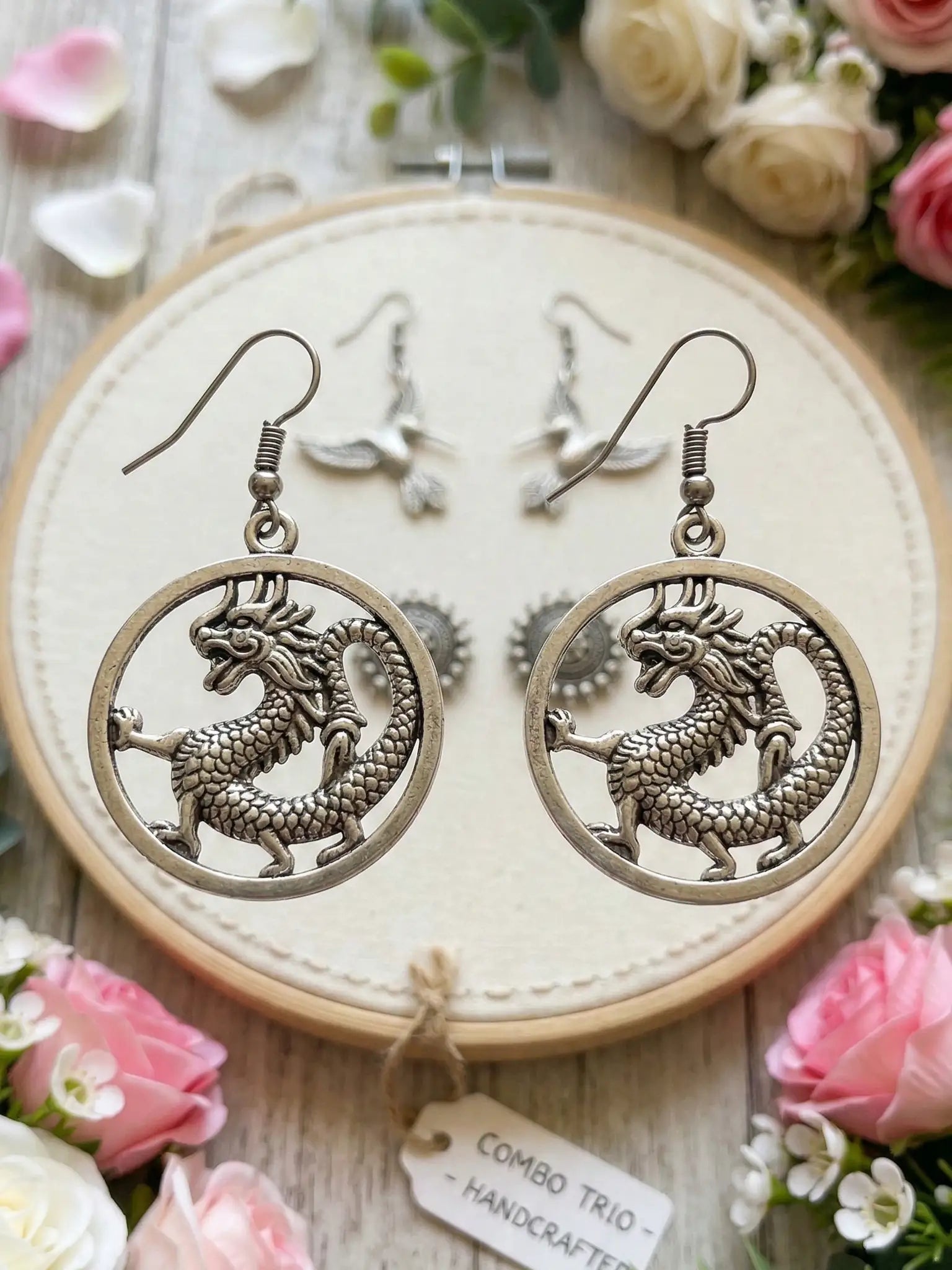 Combo - oxidized Silver Bird & Dragon Earring Combo Set for Women | Hummingbird Dangles, Dragon Round Drops & Floral Stud Earrings | Boho Tribal Jewelry (Set of 3)