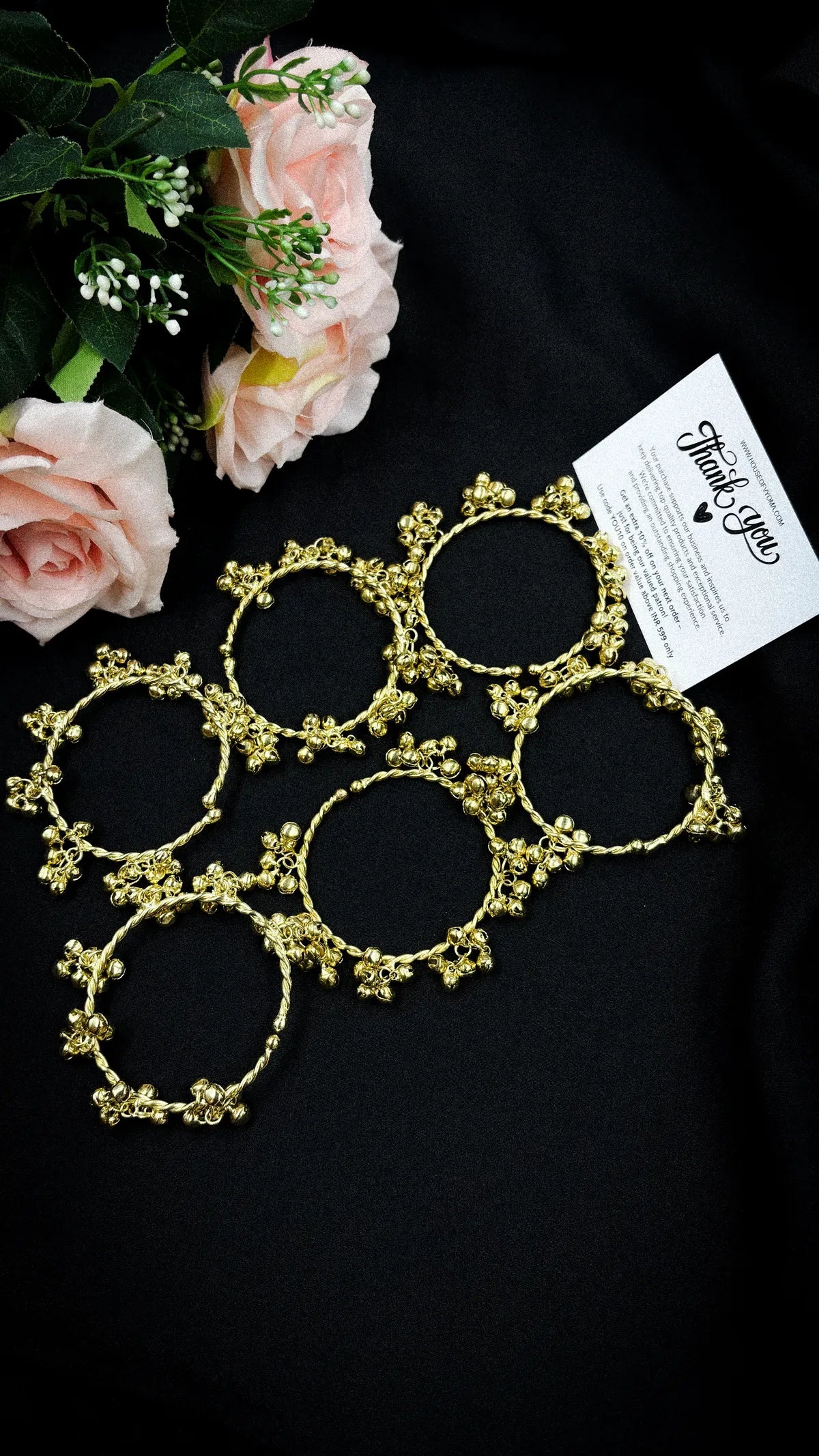 COMBO OF 6 Kashmiri Gold-Plated Traditional Ghungroo Bangles for Women – Ethnic Brass Kada Jewelry with Hanging Beads