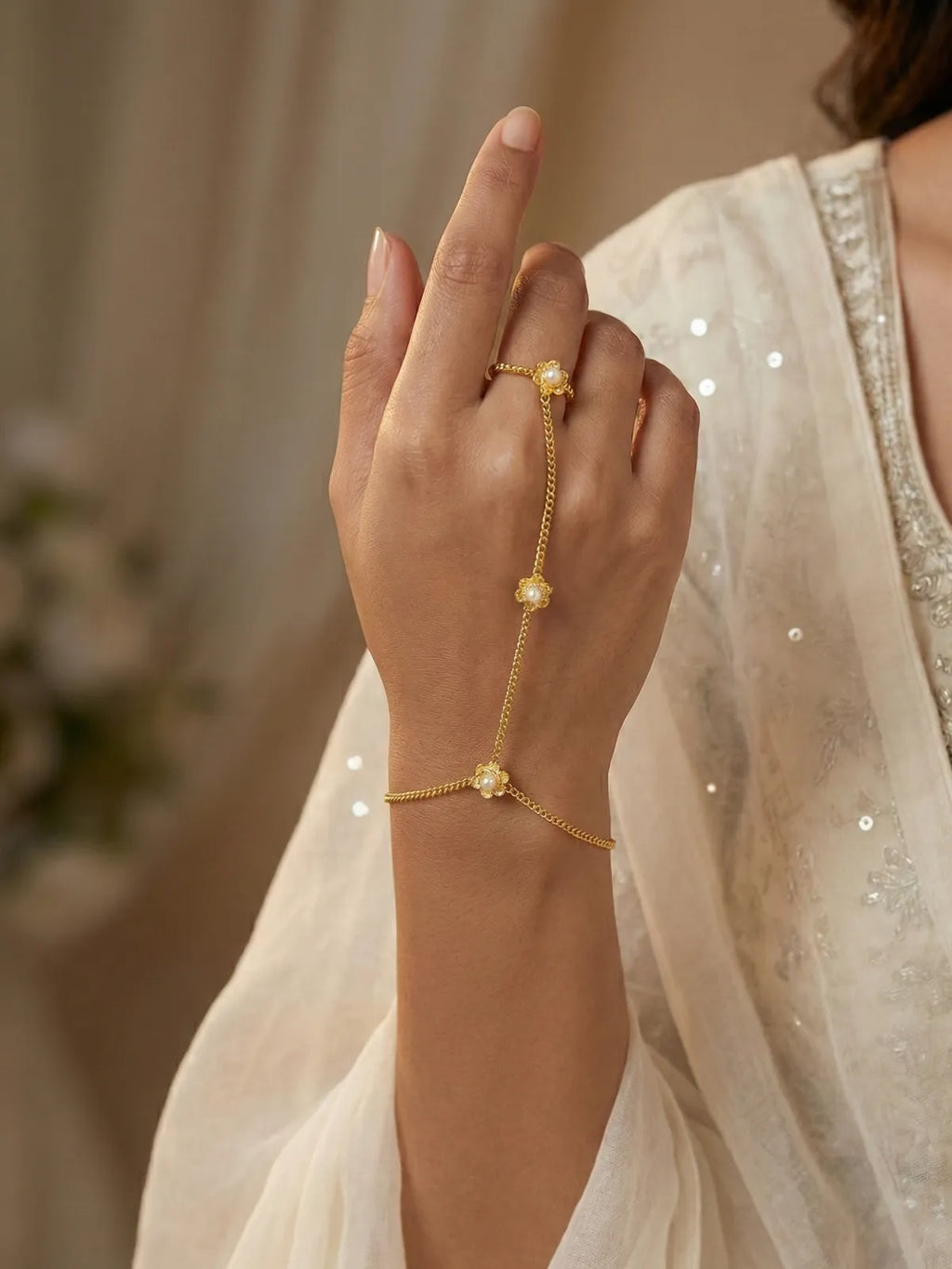 Delicate Gold Floral Hathphool Hand Harness | Pearl Flower Ring Bracelet for Women & Girls | Bridal & Festive Jewelry