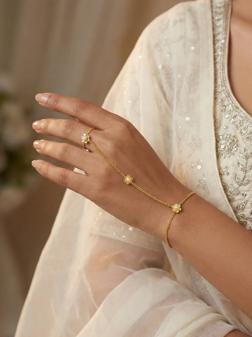 Delicate Gold Floral Hathphool Hand Harness | Pearl Flower Ring Bracelet for Women & Girls | Bridal & Festive Jewelry