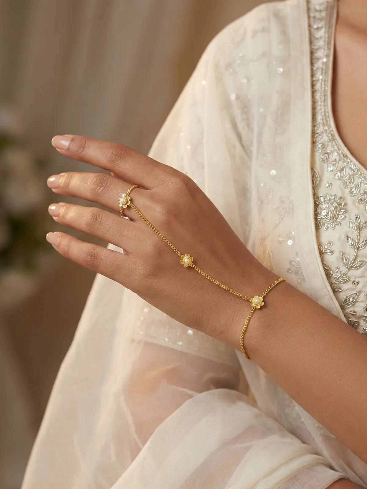 Delicate Gold Floral Hathphool Hand Harness | Pearl Flower Ring Bracelet for Women & Girls | Bridal & Festive Jewelry