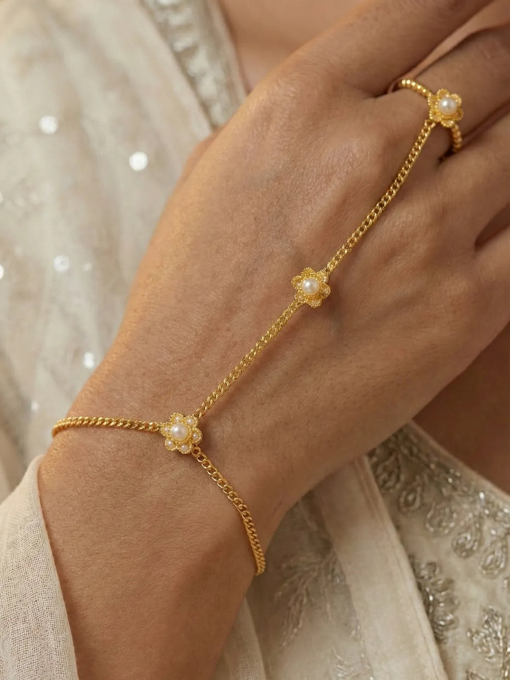 Delicate Gold Floral Hathphool Hand Harness | Pearl Flower Ring Bracelet for Women & Girls | Bridal & Festive Jewelry