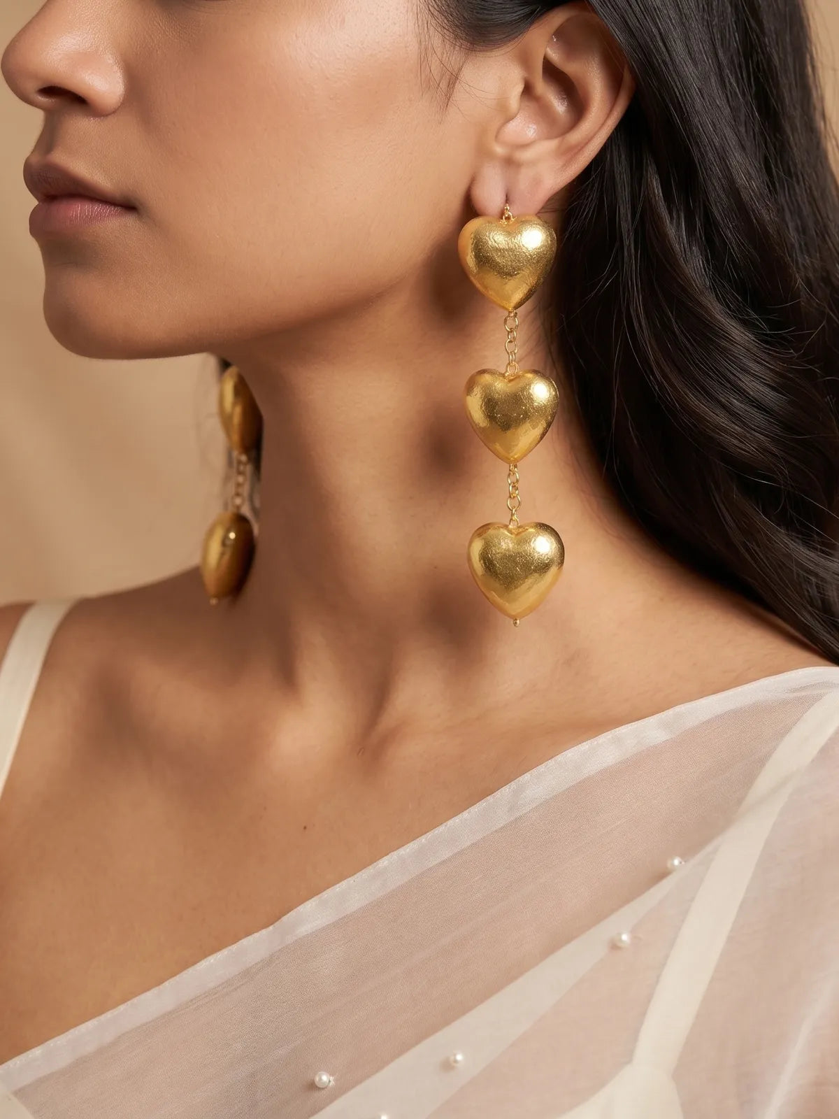 Dilruba Collection Gold Heart Drop Earrings | Statement Triple Heart Dangle Earrings for Women