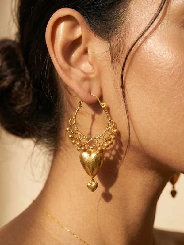 Dilruba Collection Gold Heart Drop Earrings for Women | Ethnic Hoop Chandbali Style Earrings | Festive & Statement Jewellery