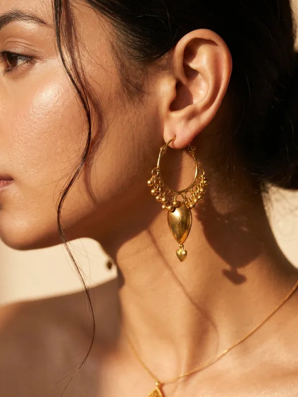 Dilruba Collection Gold Heart Drop Earrings for Women | Ethnic Hoop Chandbali Style Earrings | Festive & Statement Jewellery