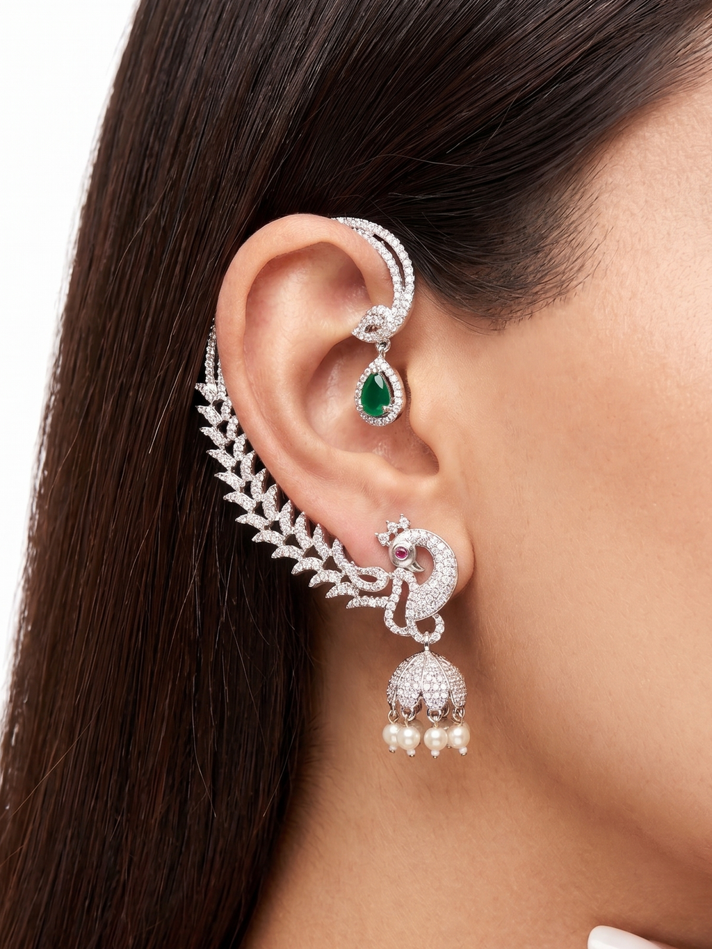 Luxury Peacock CZ Ear Cuff with Pearl Drops & Emerald Green Stone | Statement Ear Climber Earring for Women