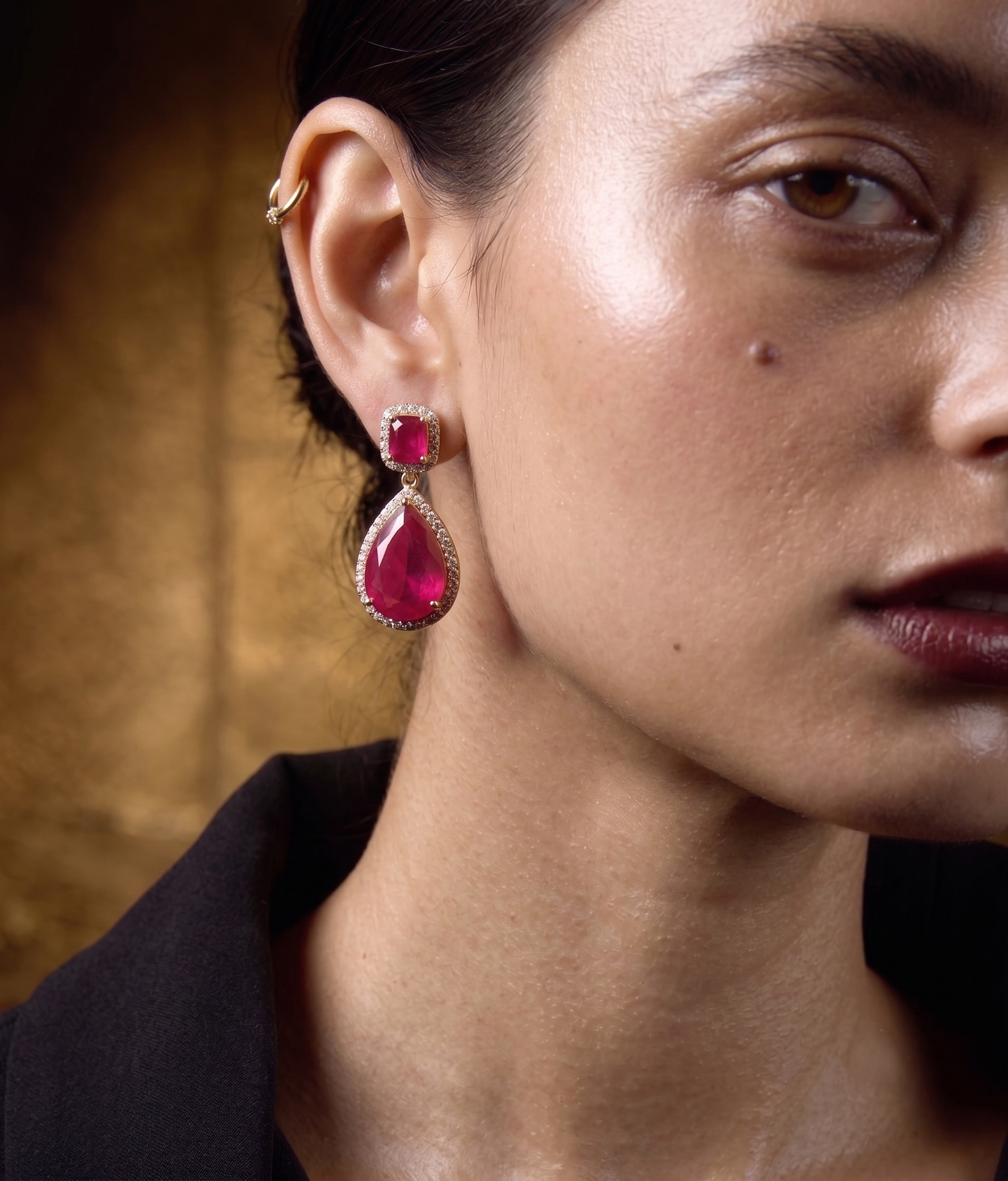 Ruby Red Pear Cut CZ Drop Earrings for Women | Luxury Statement Party Earrings