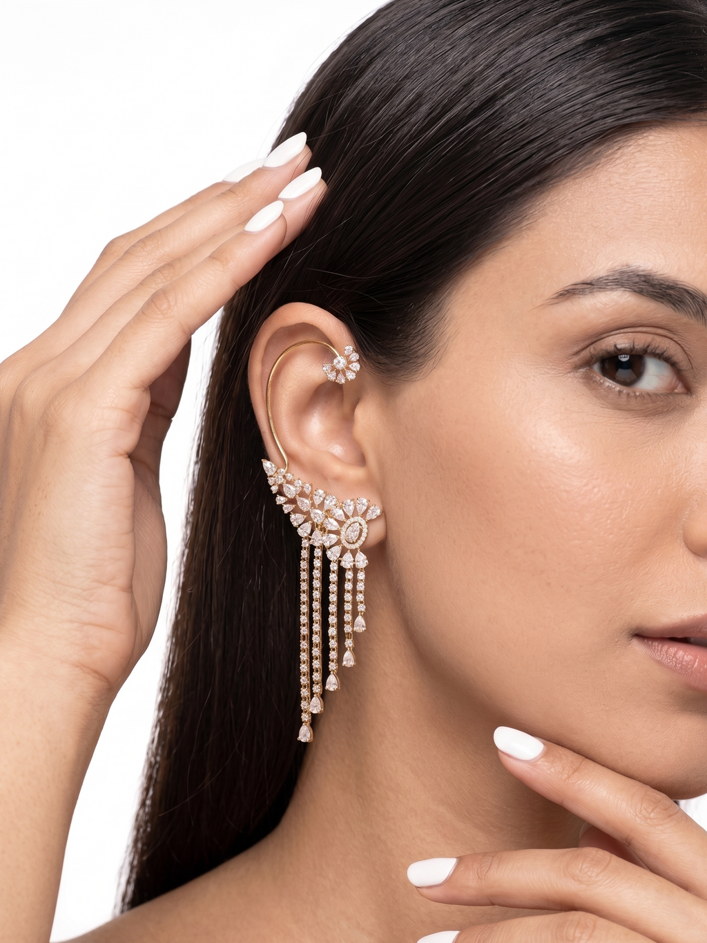 Luxury CZ Ear Cuff with Tassel Drops – Gold Plated Cubic Zirconia Statement Ear Climber for Women