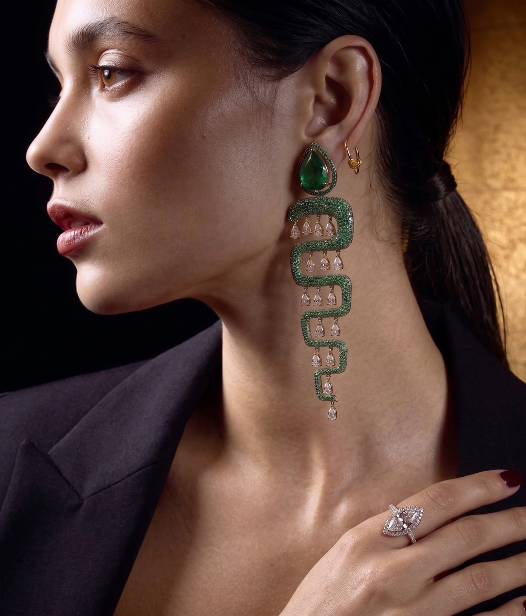 Emerald Green CZ Snake Drop Earrings for Women