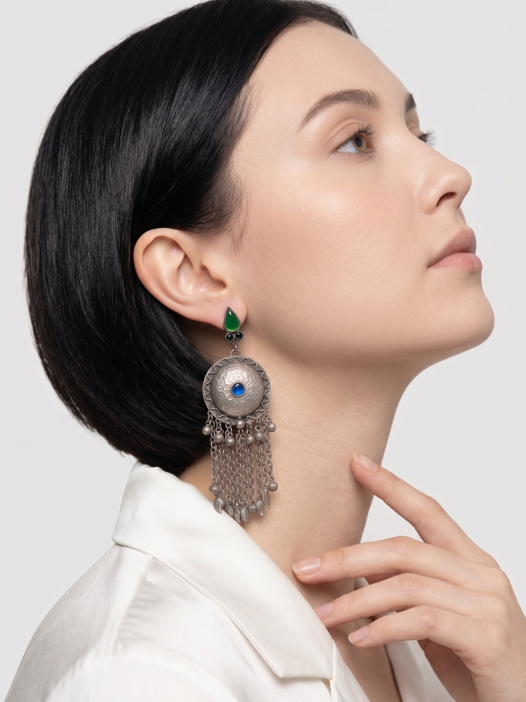 Traditional Oxidized Silver Chandbali Earrings with Green Stone & Tassel Drops for Women
