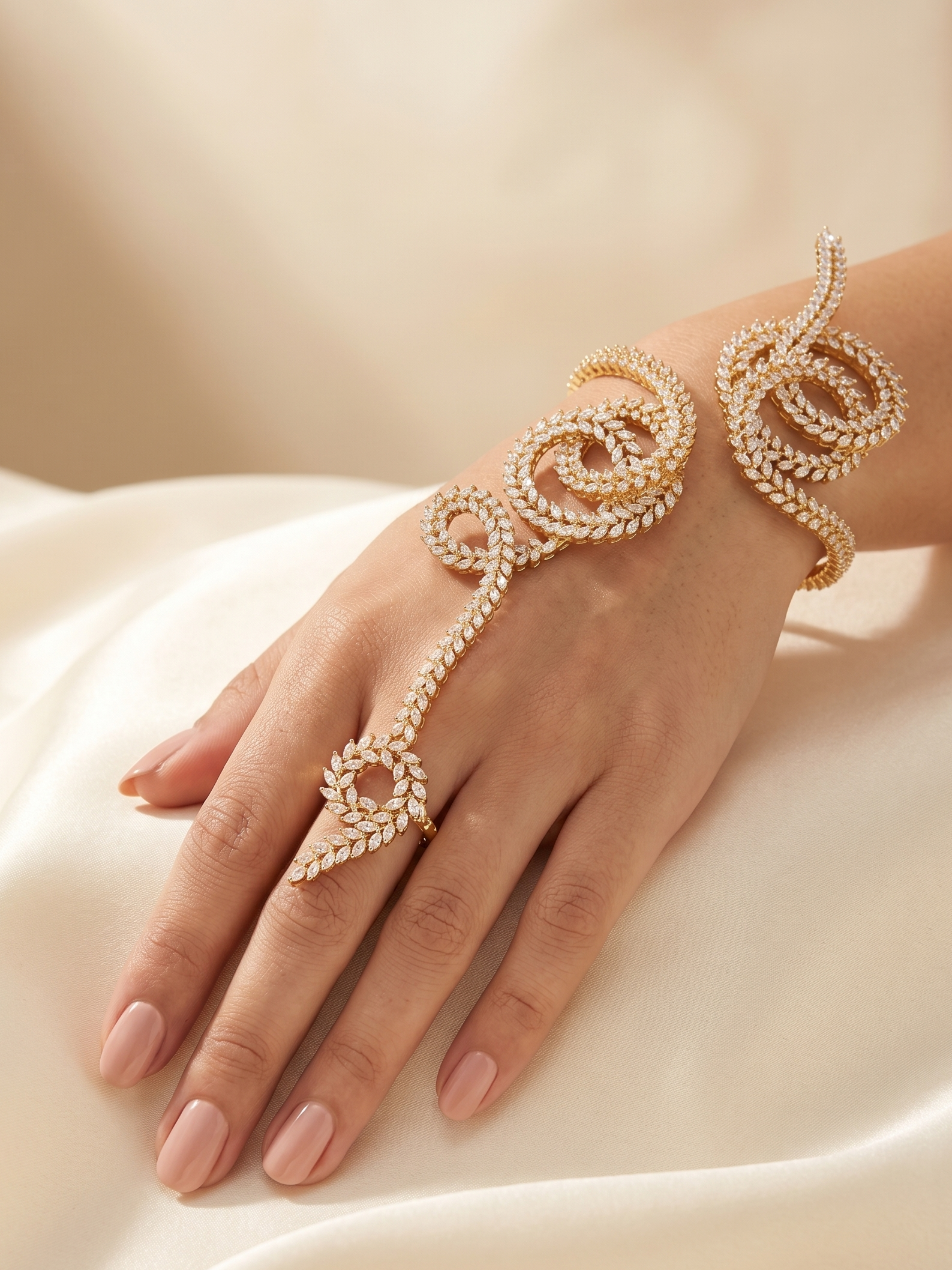 Royal CZ Hand Harness Bracelet – Gold Plated Cubic Zirconia Hand Cuff Ring Bracelet for Women