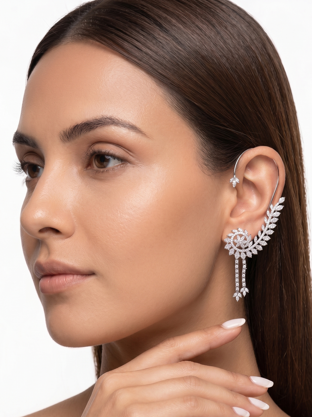 Designer CZ Ear Cuff Earrings for Women | Floral Crystal Ear Climber with Dangling Tassels | Luxury Statement Party Jewellery