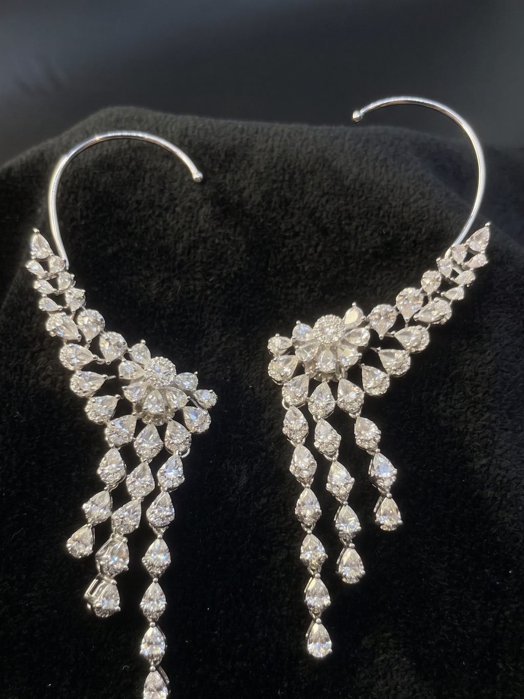 Luxury Floral CZ Ear Cuff Earrings for Women | Silver Tone Statement Ear Climber with Crystal Tassels