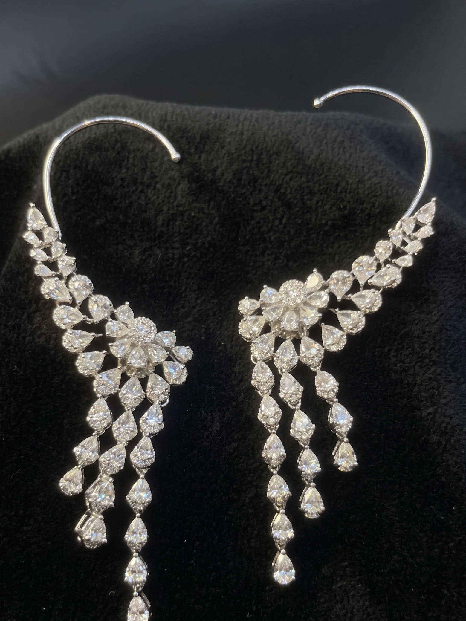 Luxury Floral CZ Ear Cuff Earrings for Women | Silver Tone Statement Ear Climber with Crystal Tassels