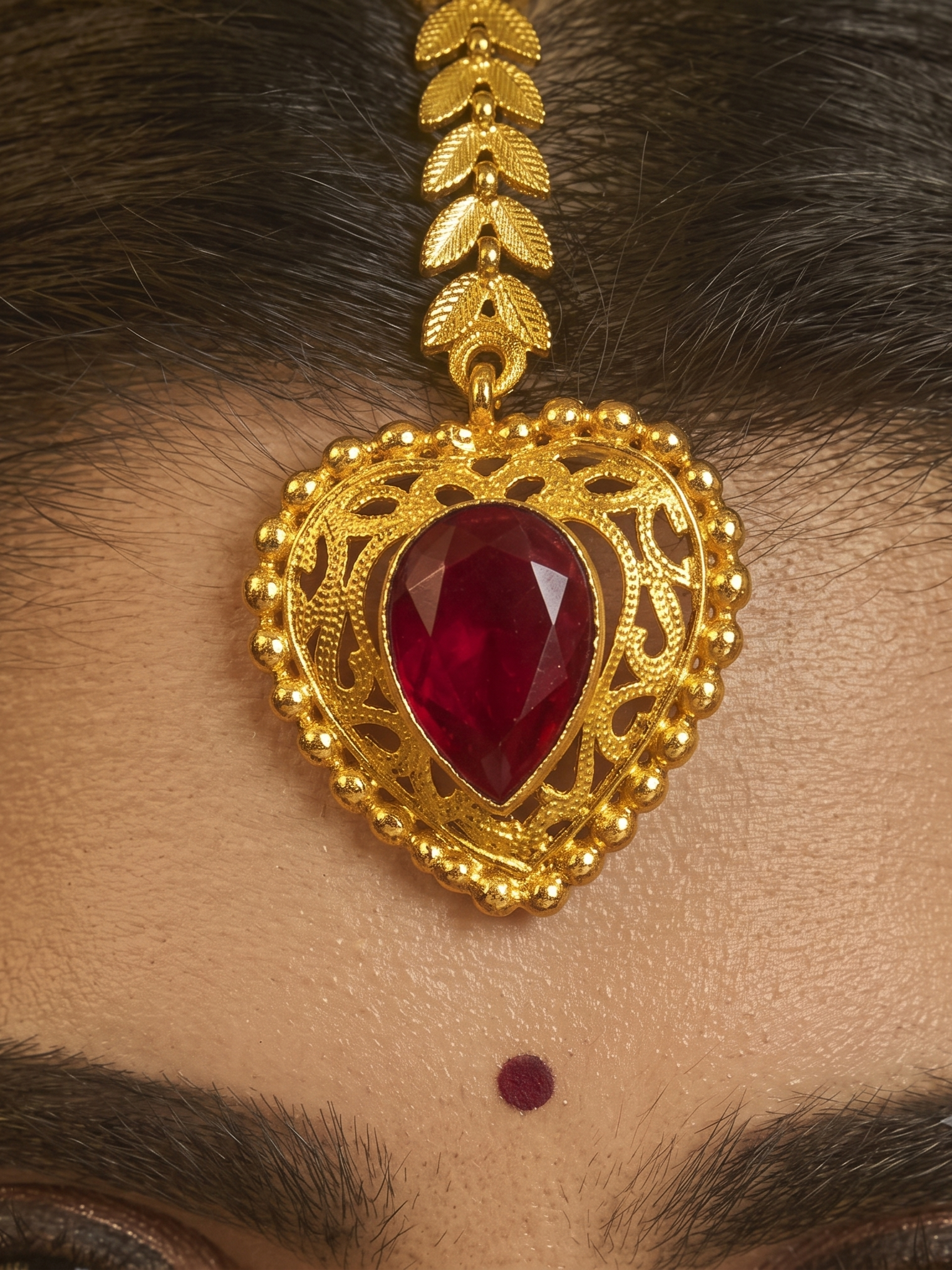 Traditional Gold-Plated Ruby Red Stone Maang Tikka for Women | Antique Filigree Bridal Matha Patti Pendant | Ethnic Wedding & Festive Jewellery