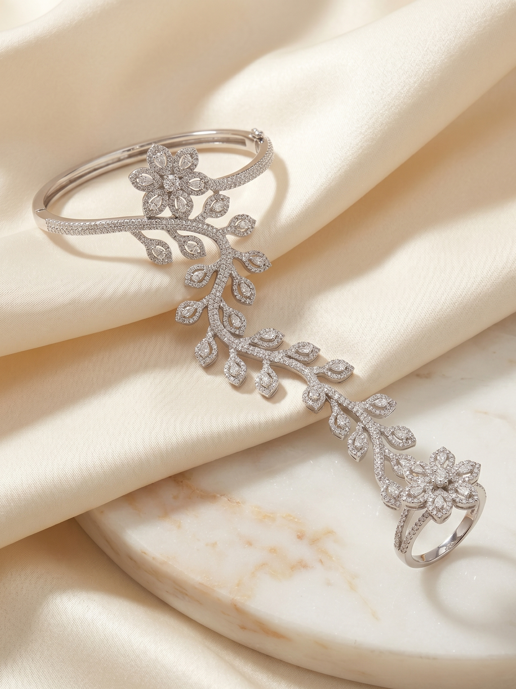 Elegant Floral CZ Hand Harness Bracelet – Silver Finish Cubic Zirconia Hand Cuff Ring for Women