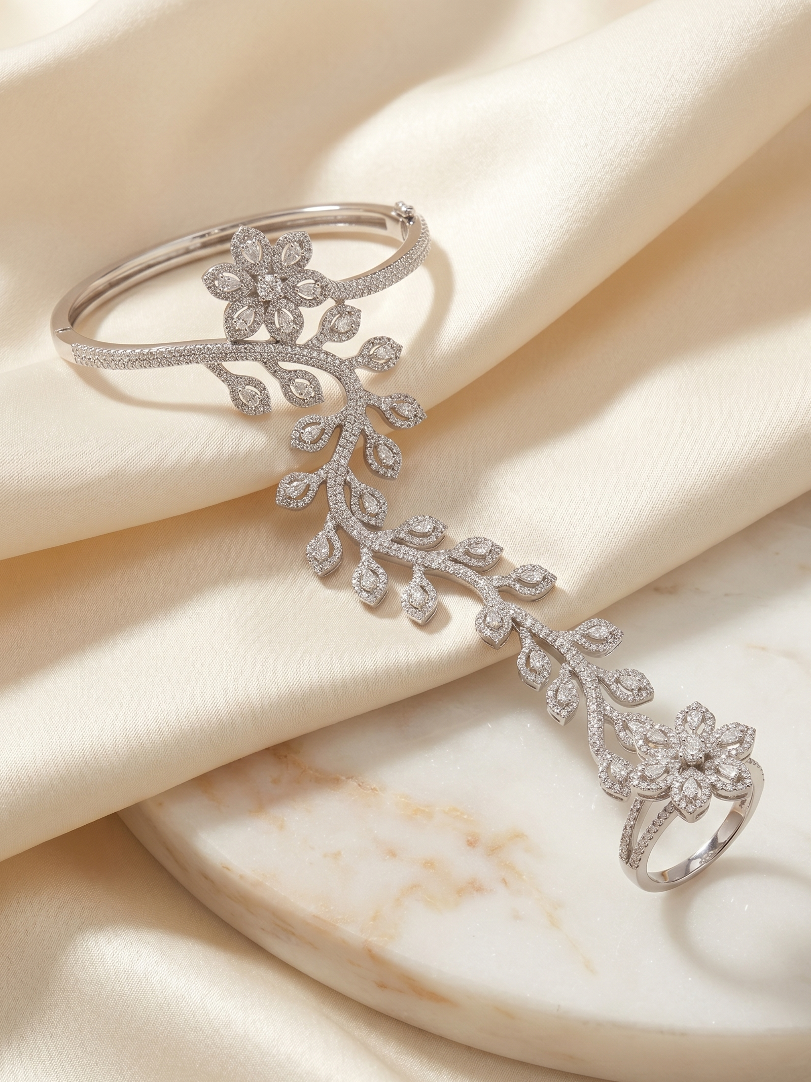 Elegant Floral CZ Hand Harness Bracelet – Silver Finish Cubic Zirconia Hand Cuff Ring for Women