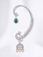 Luxury Peacock CZ Ear Cuff with Pearl Drops & Emerald Green Stone | Statement Ear Climber Earring for Women