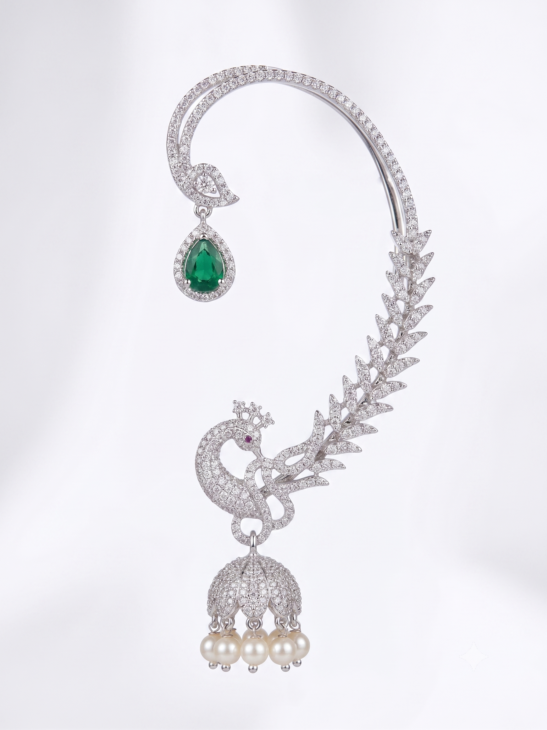 Luxury Peacock CZ Ear Cuff with Pearl Drops & Emerald Green Stone | Statement Ear Climber Earring for Women