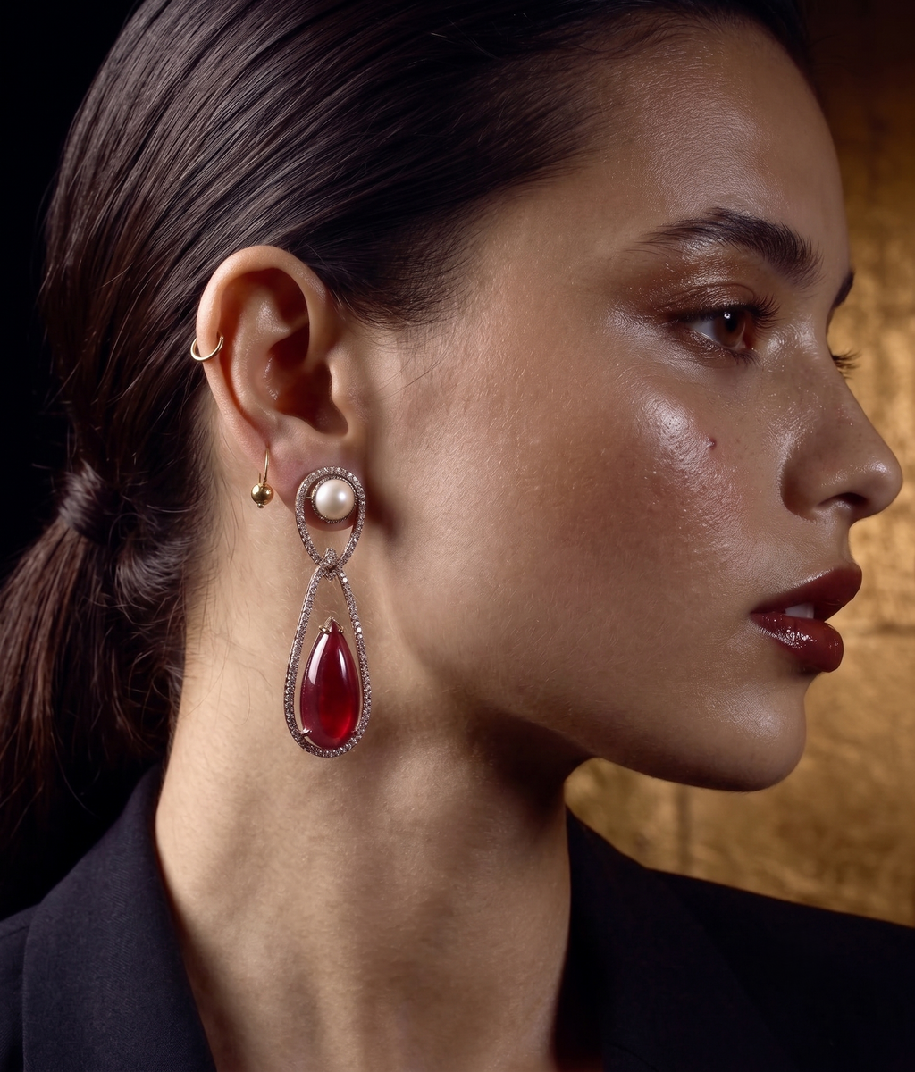 Ruby Pearl Drop CZ Earrings for Women | Luxury Statement Earrings