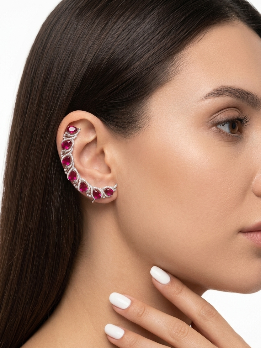 Ruby Red CZ Ear Cuff Earrings for Women | Luxury Silver Stone Ear Climber | Statement Party & Wedding Jewellery