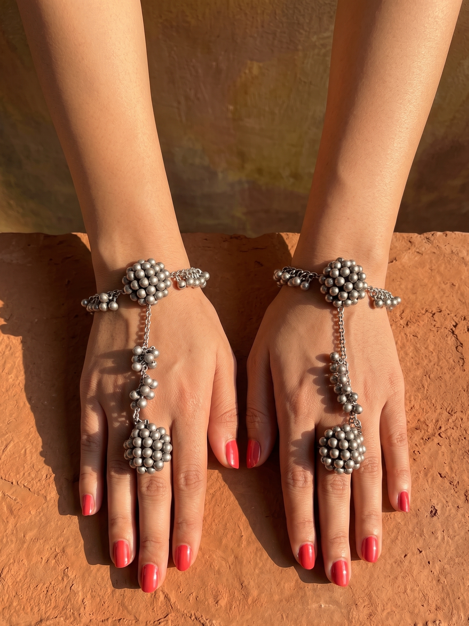 German Silver Hathphool for Women | Oxidised Silver Hand Harness Jewellery | Traditional Statement Hand Bracelet Ring Set