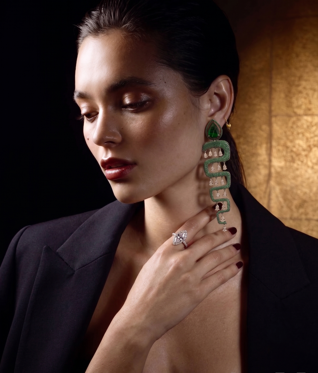 Emerald Green CZ Snake Drop Earrings for Women