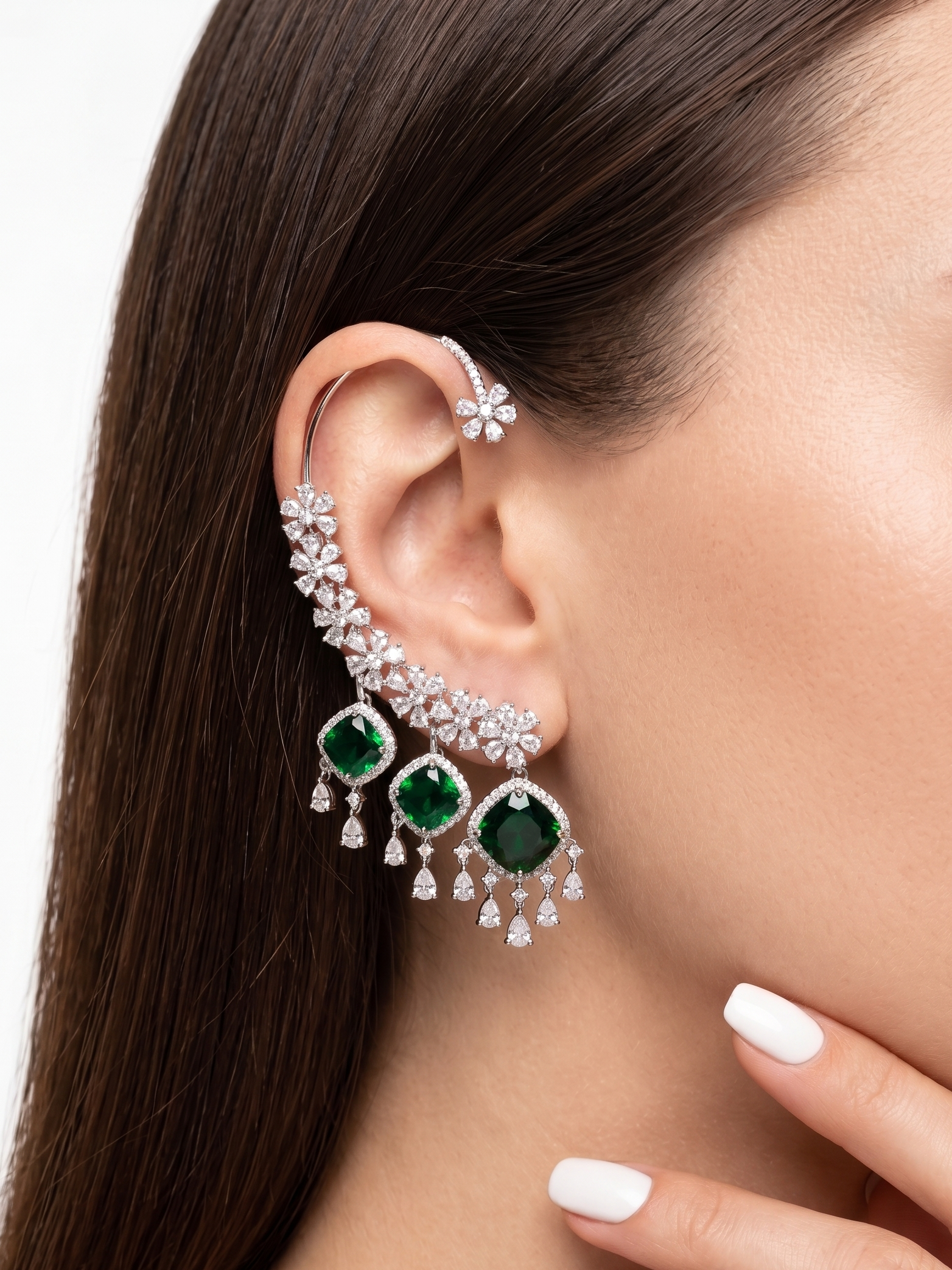 Emerald Green CZ Statement Ear Cuff for Women | Luxury Floral Crystal Ear Climber Earring