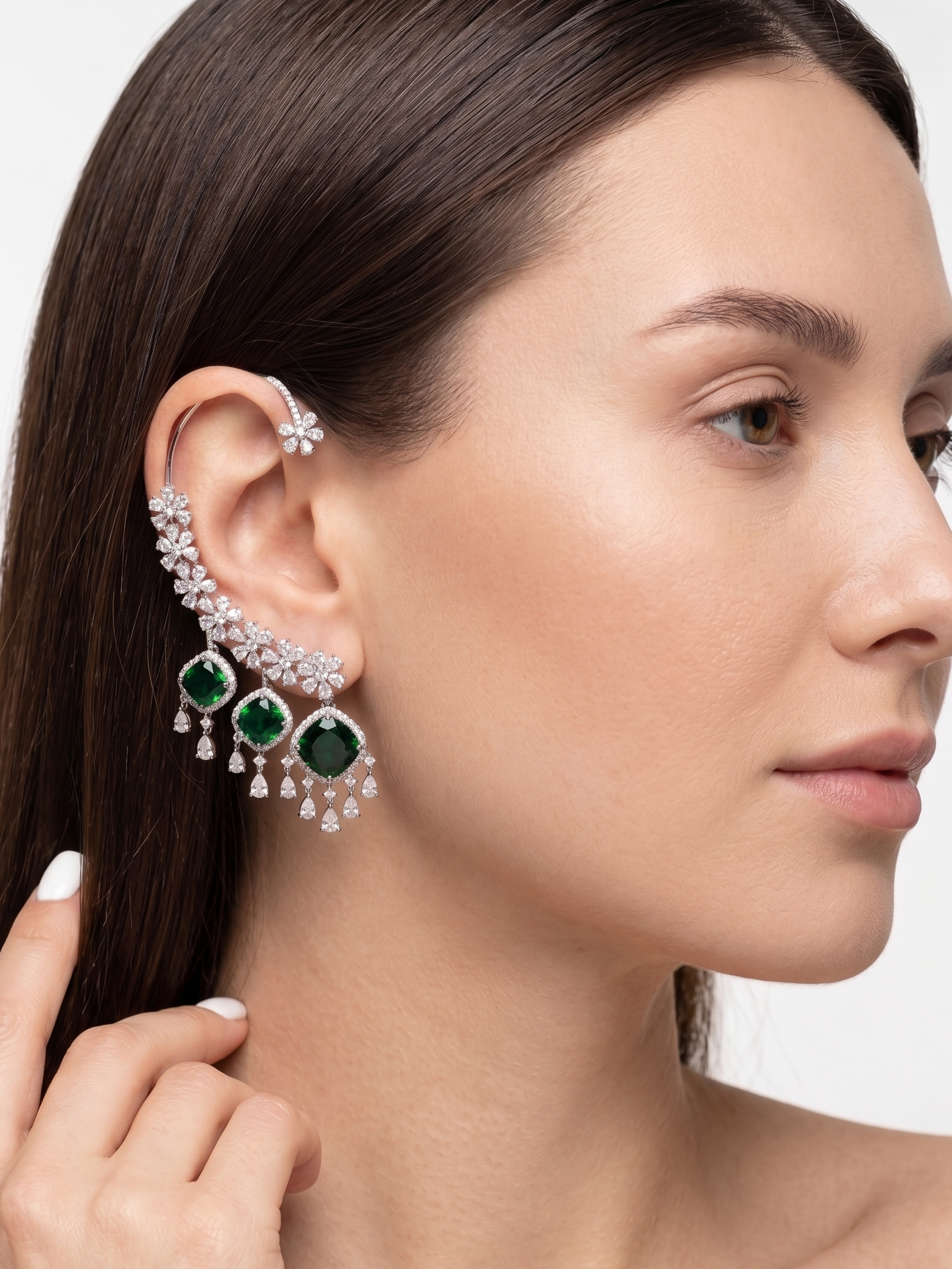Emerald Green CZ Statement Ear Cuff for Women | Luxury Floral Crystal Ear Climber Earring