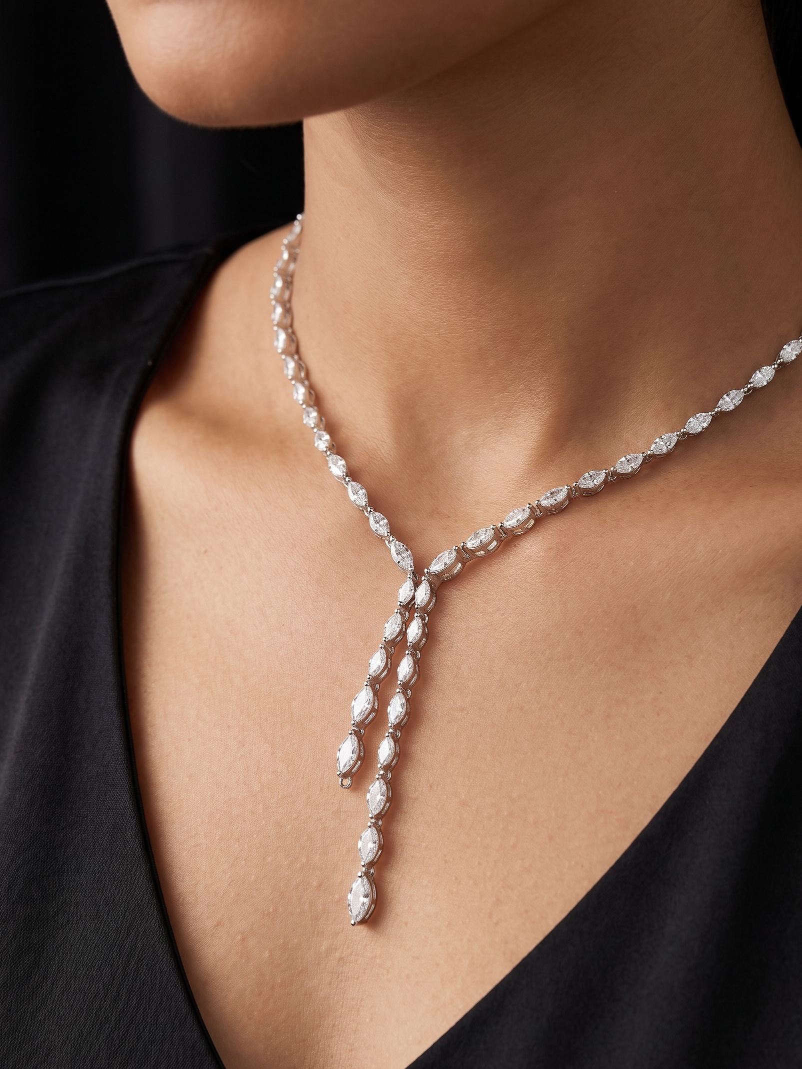 Aarohi CZ Diamond Y Necklace Set with Long Drop Earrings – Premium Bridal & Party Wear Jewelry
