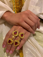 Traditional Gold-Plated Ruby Red Stone Adjustable Ring Pair for Women | Antique Filigree Statement Finger Rings | Ethnic Jewellery Set (Pair of 2)