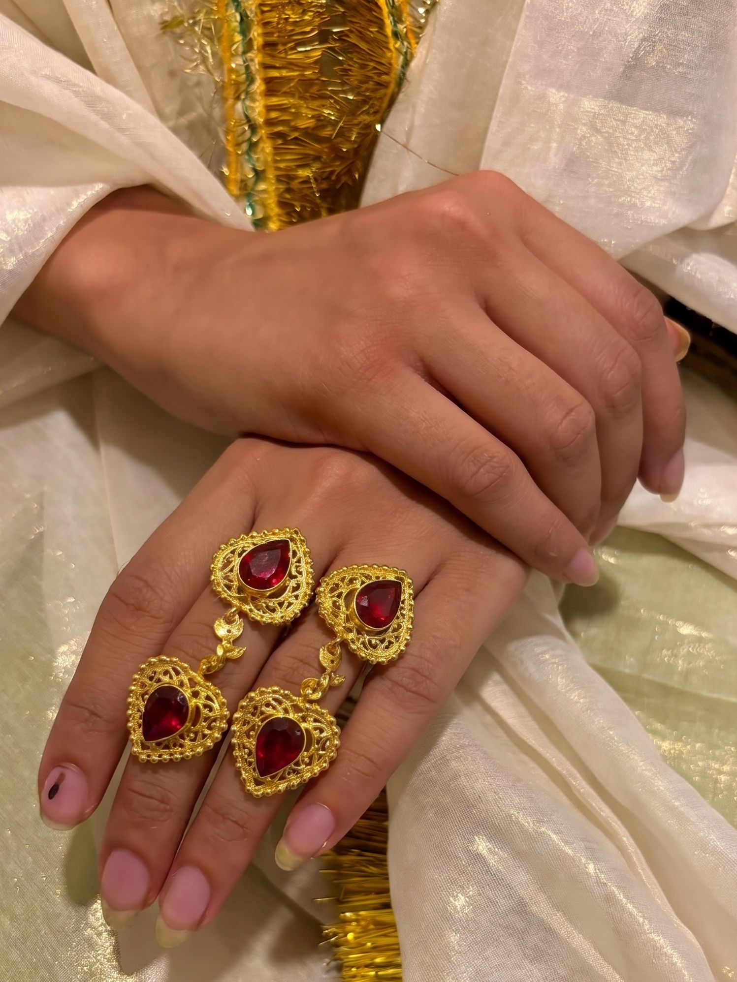 Traditional Gold-Plated Ruby Red Stone Adjustable Ring Pair for Women | Antique Filigree Statement Finger Rings | Ethnic Jewellery Set (Pair of 2)
