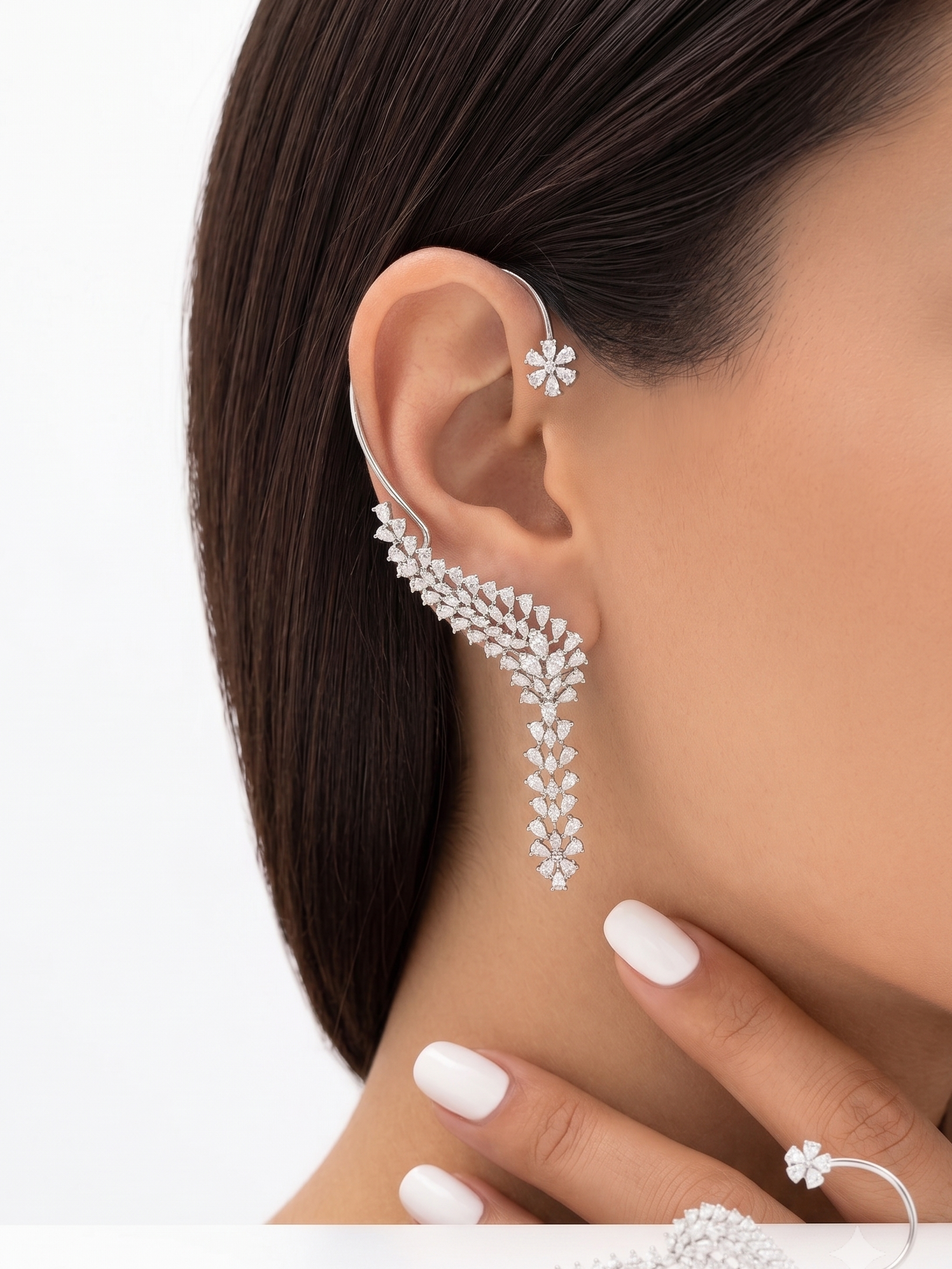 Luxury CZ Ear Cuff Earrings for Women – Statement Cubic Zirconia Ear Climber Cuff | Silver-Tone Bridal & Party Wear Ear Jewelry