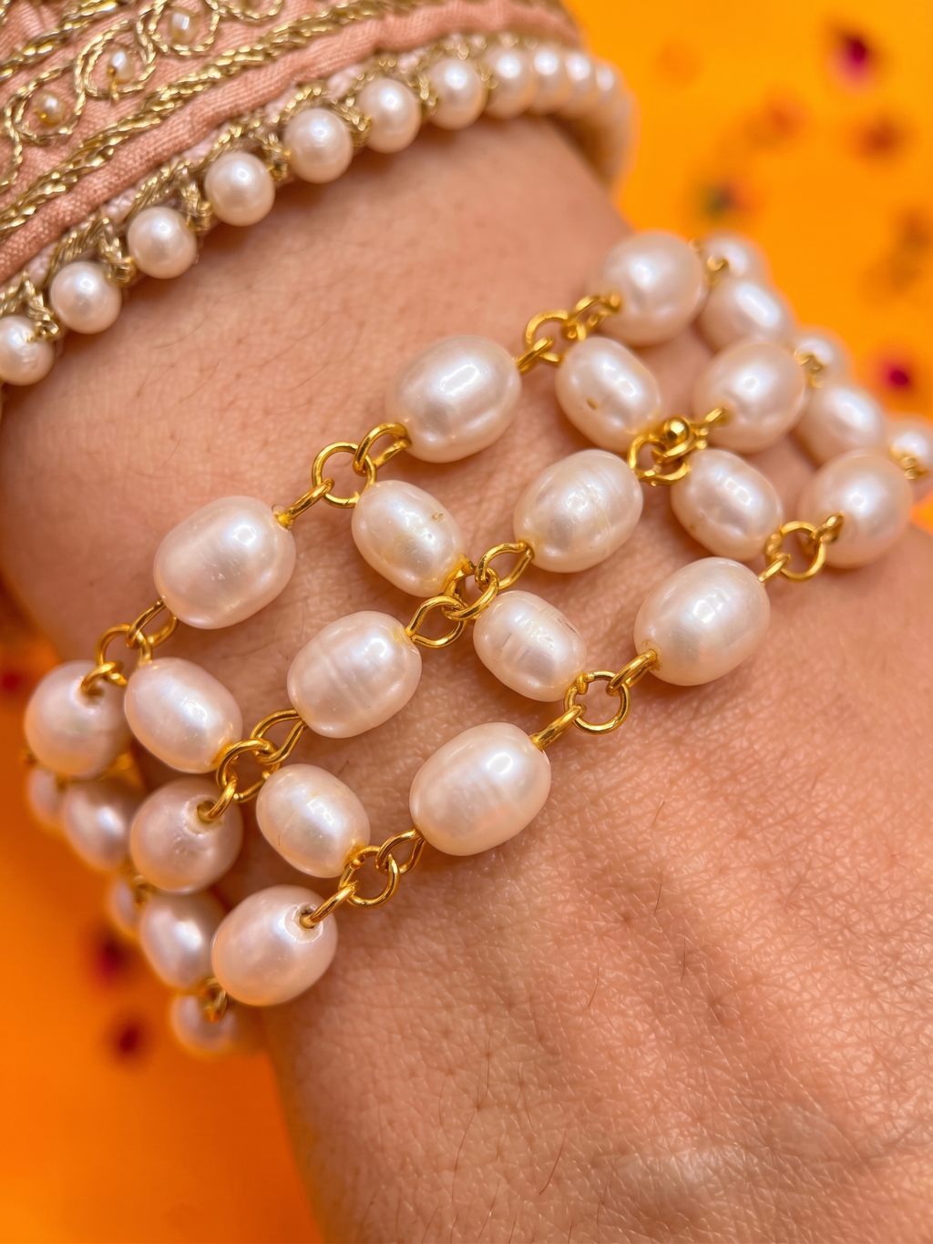 Handcrafted Pearl Rakhi Bracelet for Women | Gold-Plated Beaded Designer Rakhi | Elegant Sister Raksha Bandhan Gift