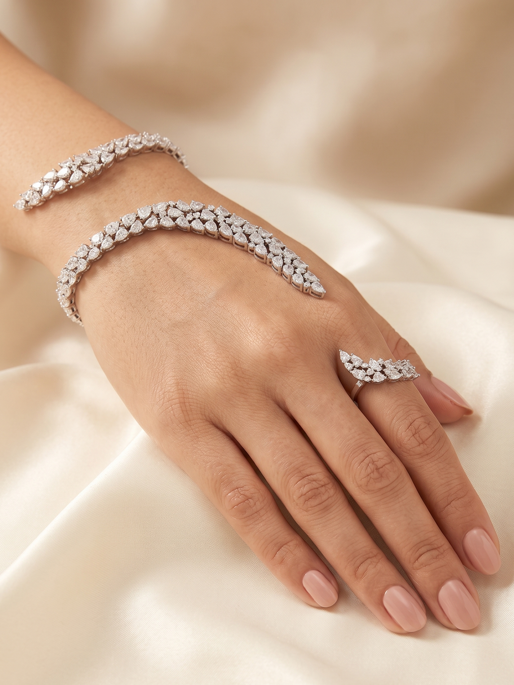 Luxury CZ Hand Harness Bracelet – Silver Finish Cubic Zirconia Hand Cuff with Finger Ring for Women